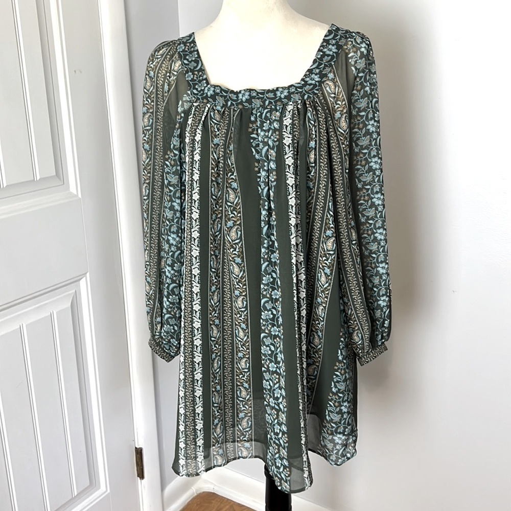 ANTHROPOLOGY SONIA TUNIC DRESS SZ XSP GREEN BLUE SHEER SLEEVES BOHO PEASANT